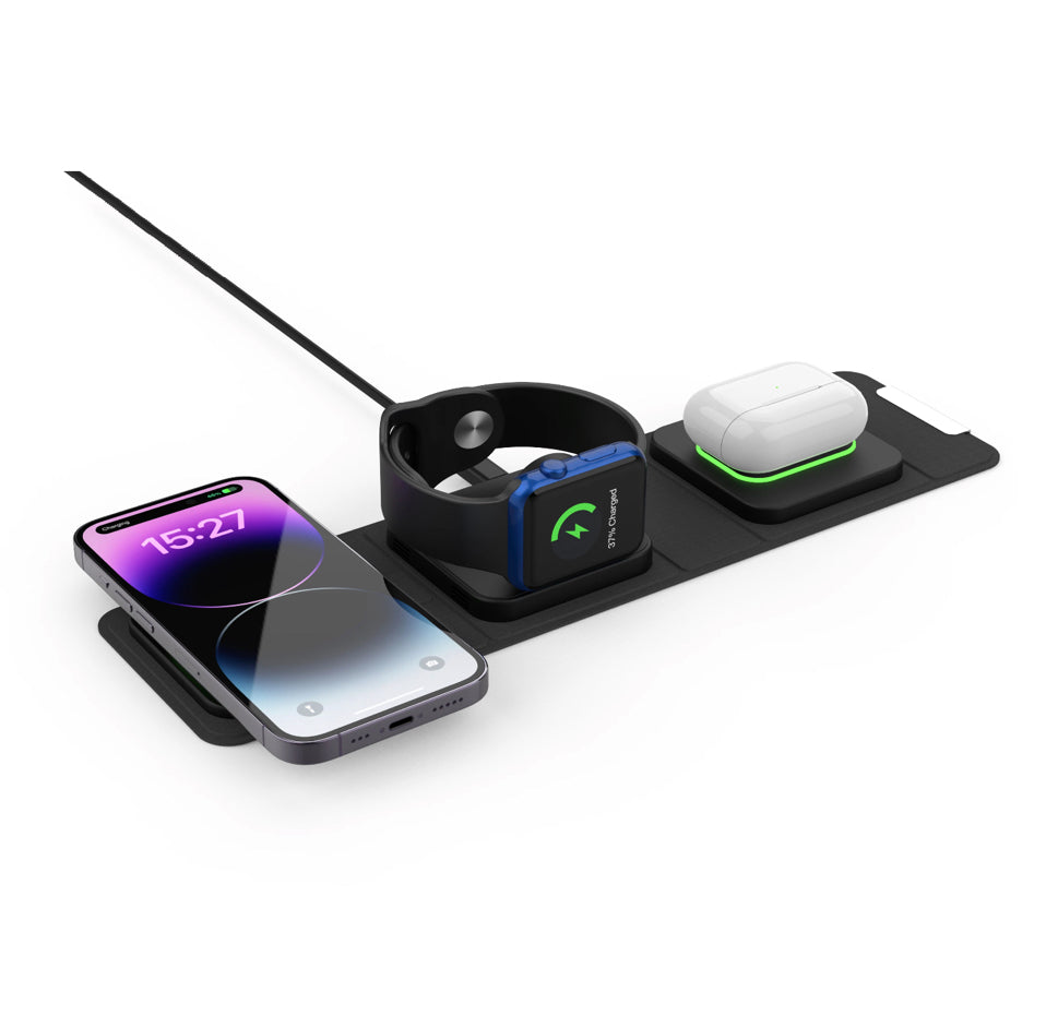 Foldable 3-in-1 wireless charger for phone, watch, and earbuds