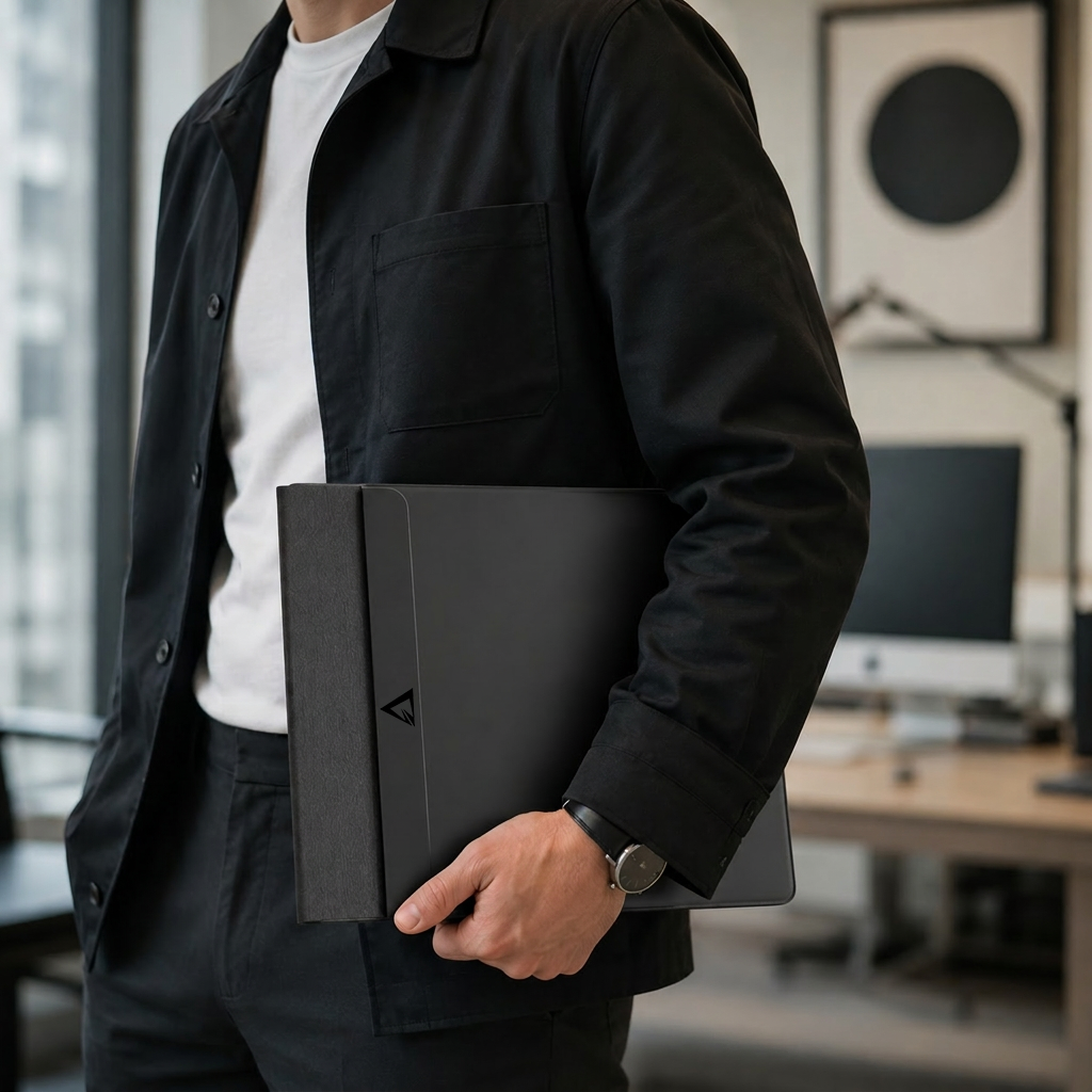 A man in a black overshirt and white t-shirt holds a matte black tablet case in an office setting.