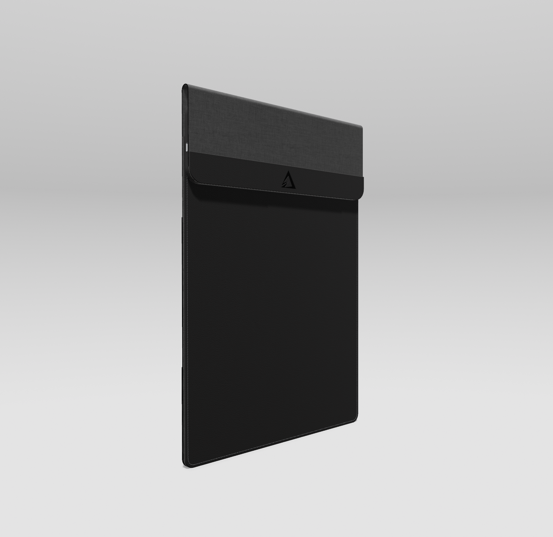 Black laptop sleeve with a brand logo on a light gray background