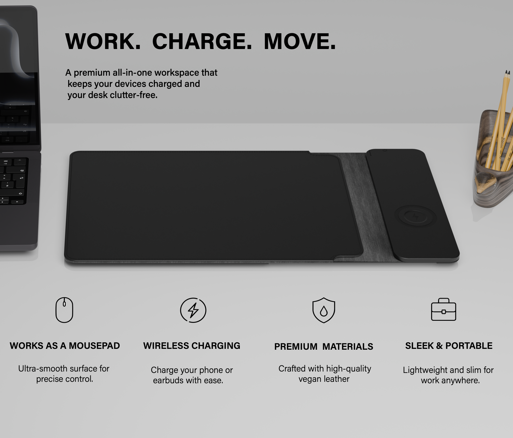 A black wireless charging mousepad with a foldable side panel and integrated battery 5000mah for easy charging